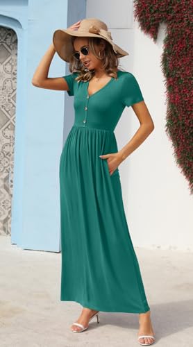 GRECERELLE Womens Summer Long Maxi Dresses 2026 Short Sleeve V Neck Casual Button Dress with Pockets - color: Emerald Blue, size: Large