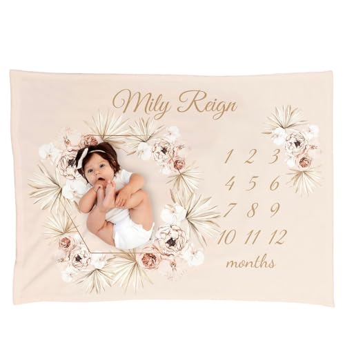 Personalized Girl Baby Milestone Blanket, Girl Pink Flower Monthly Floral Month Custom Age Growth, New Mom Neutral Boho Minky - color: Wildflower