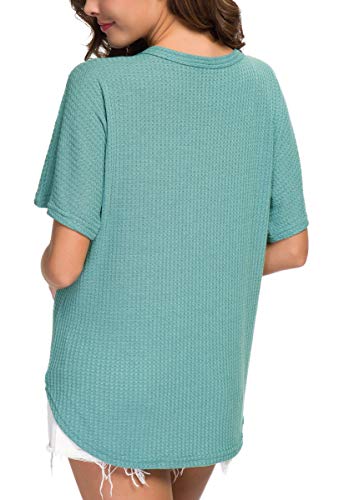 IWOLLENCE Women's Waffle Knit Tunic Blouse Tie Knot Short Sleeve Henley Tops Loose Fitting Bat Wing Shirts - color: C-blue Green, size: 3X-Large