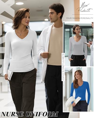 Xaatren 4 Pack Women's Under Scrubs Long Sleeve Shirts - color: Blue, Light Mixed Gray, Black, White, size: X-Large