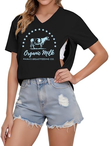 Nursing Shirts for Breastfeeding Women Zipper Maternity Graphic Tee - color: Black, size: Medium