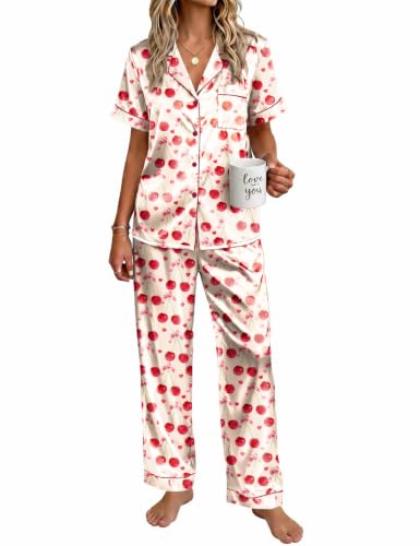 Ekouaer Womens Satin Pajama Set Silky Short Sleeve Button Down Pj Set - color: Beige Cherry, size: Medium