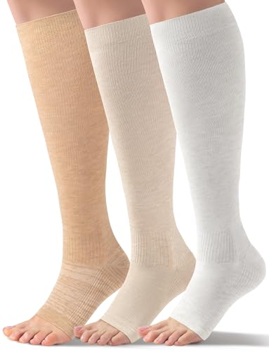 Bamboo Viscose Toeless Compression Socks Women & Men for Summer - Cooling Open Toe Knee High Support Socks, 18-25 mmHg - color: 3 Pairs - Earth Tone, size: XX-Large