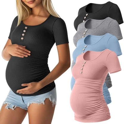 4 Pack Womens Short Sleeve Maternity Shirts - color: Light Pink, Light Blue, Light Heather Gray, Black, size: Large