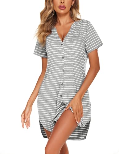 Ekouaer Womens Nightgown V Neck Button Down Sleepshirts Soft Sleepdress - color: Striped, size: Small