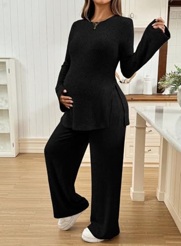 BLENCOT Maternity 2 Piece Outfits Ribbed Knit Long Sleeve Sets - color: Black, size: Large