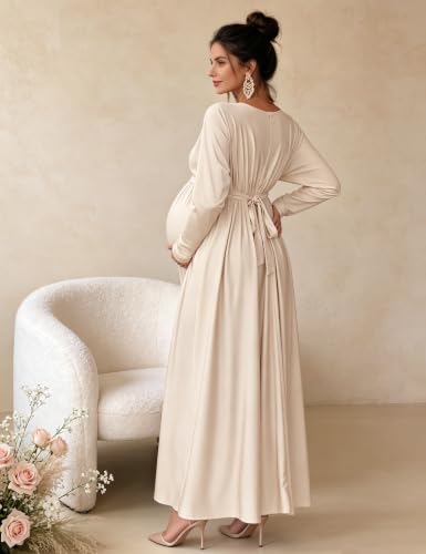 Maternity Long Sleeve V Neck Maxi Dress Tie Waist Flowy Maxi Gown - color: Apricot, size: Medium