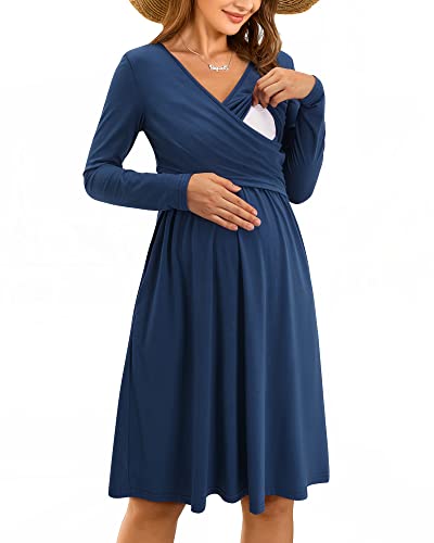OUGES Women's Nursing Breastfeeding Pocket Fall Baby Shower Maternity Dress - color: Navy, size: XX-Large