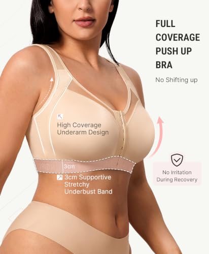 FeelinGirl Front Closure Post Surgery Compression Bra with Adjustable Straps Wireless Breast Augmentation Post Op Bras - color: Beige, size: 3X-Large