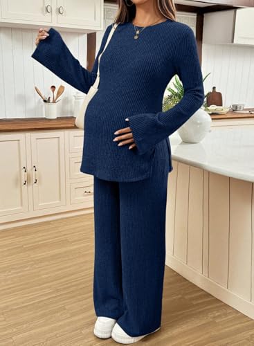 BLENCOT Maternity 2 Piece Outfits Ribbed Knit Long Sleeve Sets - color: Dark Blue, size: Small