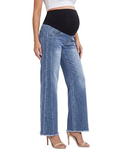 Maternity Jeans Wide Leg Baggy Denim Pants - color: Dark Blue, size: Large