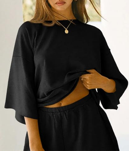 Tankaneo Womens 2 Piece Pajama Sets Oversized Tops Loose Shorts Lounge Sets - color: Black, size: Medium