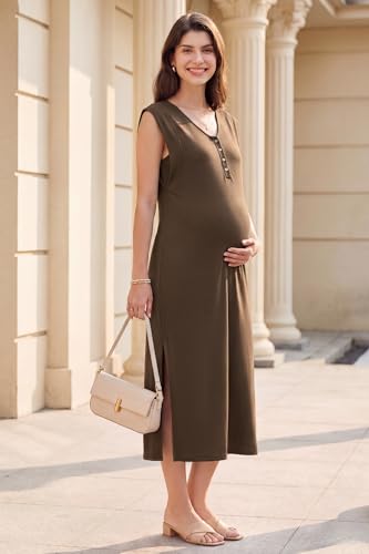 OUGES Women's Anti-Wrinkle Airy Layer Summer Maternity Dress V Neck Split Midi Nursing Dresses with Pockets 2026 - color: Coffee, size: Medium
