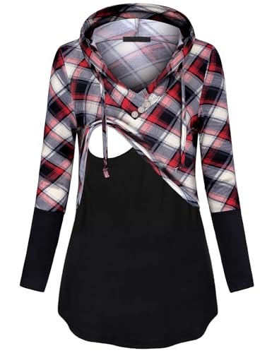 Quinee Women's Long Sleeve Plaid Colorblock Nursing Pullover Hoodie Sweatshirts - color: D Black Red Plaid, size: Medium