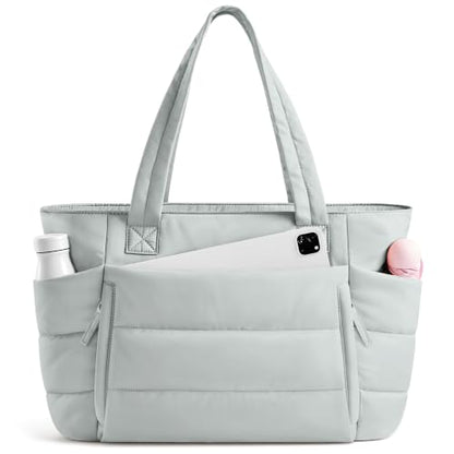 Uselike Tote Bag for Women with Zipper, Quilted Puffer Tote Bag with Compartments, Lightweight Puffy Work Bags for Women - color: Dawn Grey