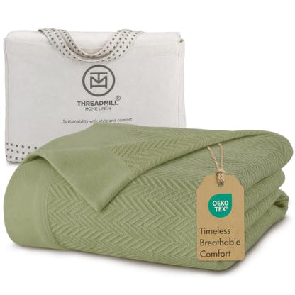 Threadmill Luxury 100% Cotton Queen Herringbone Blanket, Moss Green - color: Moss Green, size: Queen (90" x 92")