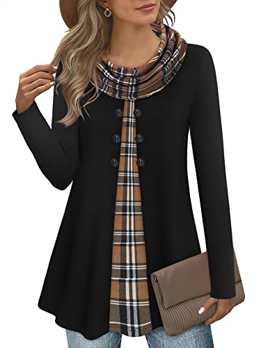 Bebonnie Womens Long Sleeve Cowl Neck Warm Splicing Tunic Tops with Buttons - color: Black 3, size: Small
