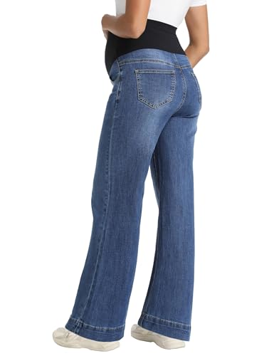 Foucome Maternity Jeans Wide Leg Trendy Pregnancy Denim Pants - color: Dark Blue, size: XX-Large