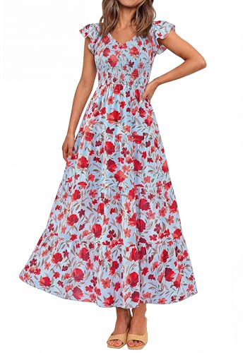 PRETTYGARDEN Women's Summer Smocked Flowy Maxi Dress - color: Floral Blue Red, size: Small