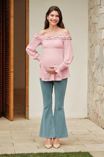 OUGES Womens Cotton Blend Off The Shoulder Maternity Tops Smocked Ruffle Sleeve Blouse Going Out Pregnancy Shirts 2025 - color: Pink, size: X-Large