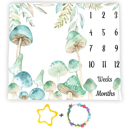 Mushroom Baby Monthly Milestone Blanket Watercolor Floral, Green, 48x40in - color: Green White, size: 48x40in