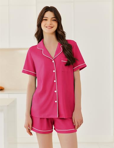 Ekouaer Womens Waffle Knit Pajama Sets Soft Short Sleeve Button Up Pjs - color: Rose, size: Large