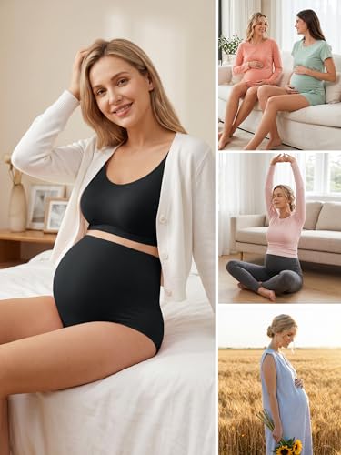 OUGES Women’s Modal 3 Pack Seamless Maternity Underwear Over Belly Stretchy High Waist Soft Pregnancy Postpartum Panties - color: Black+black+nude, size: Medium