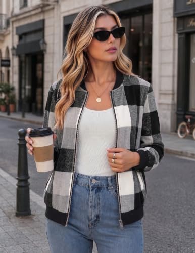 Zeagoo Jackets for Women 2026 Lightweight Bomber Jacket Plaid Flannel Coat - color: Black White Plaid- Gw39, size: Large