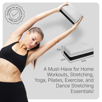 Yoga Blocks 2 Pack with Strap and Guide – Soft Non-Slip EVA Foam Blocks - color: Gray/Black - Stretch Band Gray