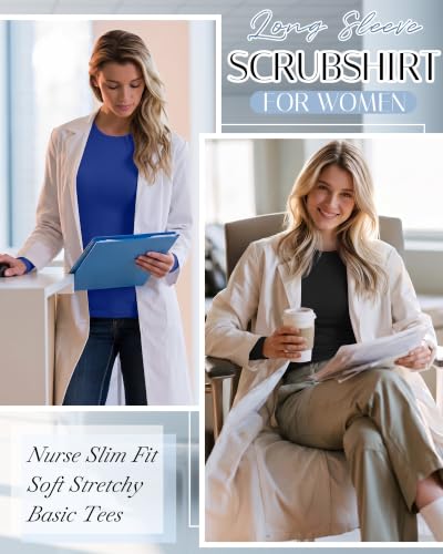 4 Pack Womens Crew Neck Long Sleeve Underscrub Shirts - color: Black, Light Gray, White, Royal Blue, size: Large