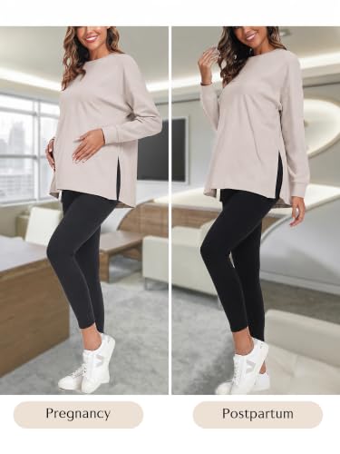 Ecavus Women's Maternity Shirts Long Sleeve Side Split Pregnancy Top - color: Apricot, size: X-Large