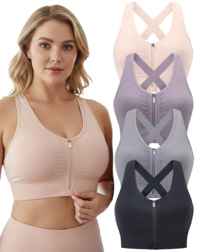 Women's Zip Front Post-Surgery Sports Bras, Wireless Padded Mastectomy Bra - color: Black Gray Flesh Purple 4 Pack, size: Medium