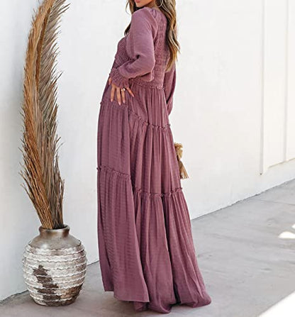 R.Vivimos Long Sleeve V Neck Flowy Maxi Dresses for Women - color: Darkrose, size: Small