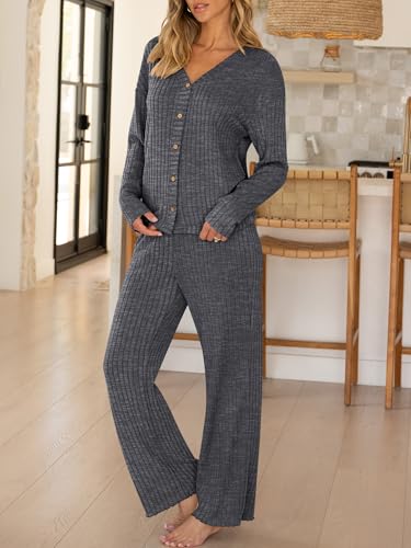 ANRABESS Womens Lounge Set 2 Piece Pajama Sets Ribbed Knit Matching Set - color: Deep Grey, size: Small
