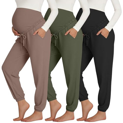 3 Pack Womens Maternity Pants Pregnancy Lounge Jogger - color: Coffee, Army Green, Black, size: XX-Large