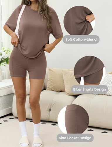 Womens Loungewear Oversized T-shirts and Biker Shorts - color: Brown, size: Medium