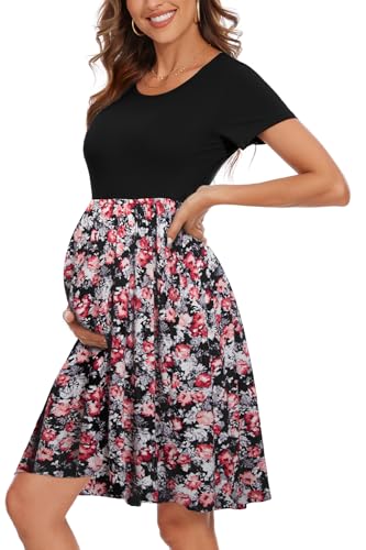 Women's Short Sleeve Maternity Dress Patchwork Pregnancy Clothes with Pockets - color: Black-rose Black, size: XX-Large
