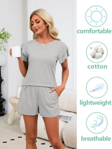 Anjue Summer Cotton 2Pcs Ruffle Sleeves Short Women Pajama Sets Lounge Set - color: Grey, size: Medium