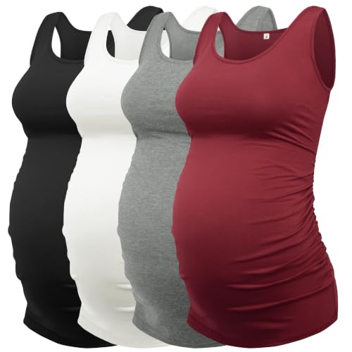 AMPOSH Womens Maternity Tank Tops 3 Pack Cotton Sleeveless Ruched Side Pregnancy Postpartum Shirts Soft Stretch Basic Top - color: Black/White/Dark Gray/Burgundy, size: Small