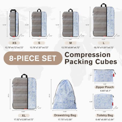 U+U 8 Set Compression Packing Cubes, Travel Organizers (Blue Flower) - color: Blue Flower, size: 8 Set