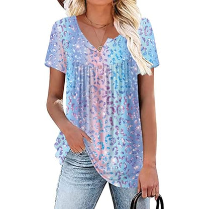 Womens Summer Plus Size Tops Blouses Short Sleeve Shirts Lace Pleated Tunic Tops M-4XL - color: A 02-122-leopard, size: Medium