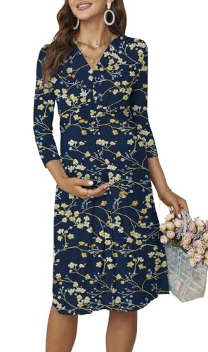 Fall Maternity Midi Dress V Neck 3/4 Sleeve Baby Shower - color: Navy Floral, size: X-Large