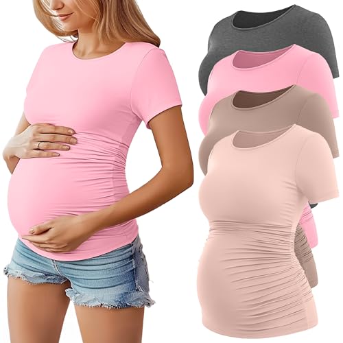 Huukeay 4 Pack Women's Short Sleeve Maternity Tops - color: Beige, Khaki, Light Pink, Dark Heather Gray, size: Medium
