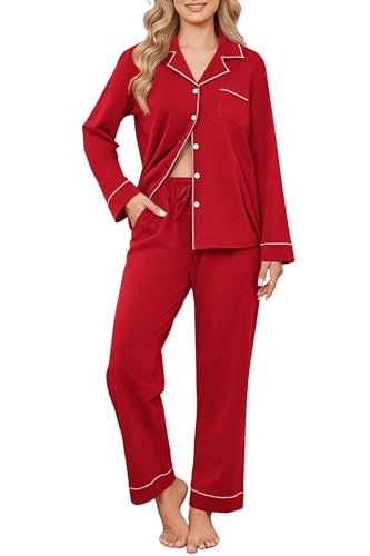 Ekouaer Womens Pajama Set Cotton PJs Long Sleeve Top & Pant Soft Loungewear - color: Red, size: Small