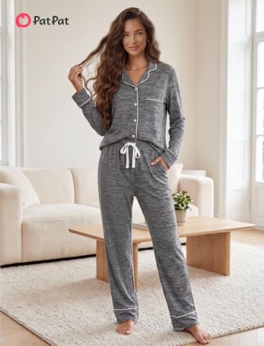 PATPAT Pajama Sets for Women 2 Piece Button-Down Sleepwear Soft Lounge Set - color: Dark Grey, size: Medium