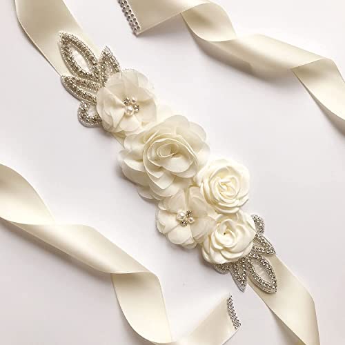 Huralona Wedding Sash Belt Satin Ribbon with Flowers Pearls Rhinestone - color: Ivory