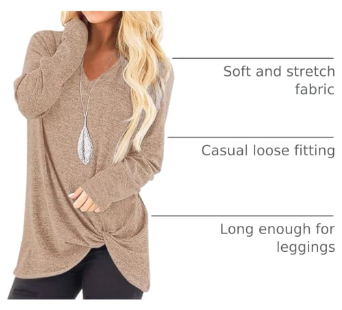 SimpleFun Womens Tops Long Sleeve Shirts V Neck Loose Twist Knot Fall Tunic - color: 02-beige, size: Large