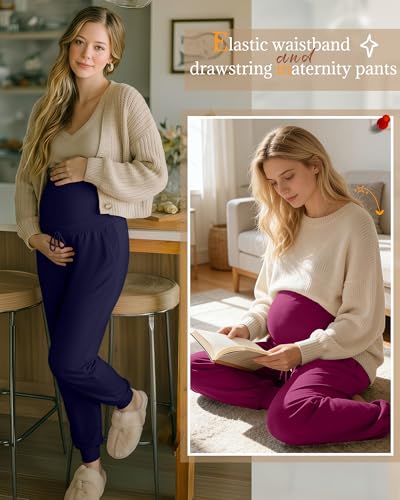 3 Pack Womens Maternity Pants Loose Pregnancy Joggers - color: Fuchsia, Navy Blue, Black, size: Medium