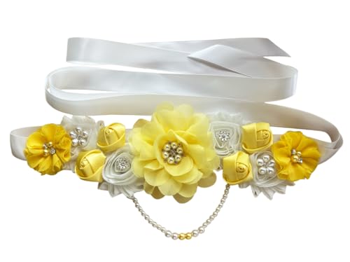 Handmade Baby Shower Sash Pearls Maternity Sash Flower Belt - color: Yellow