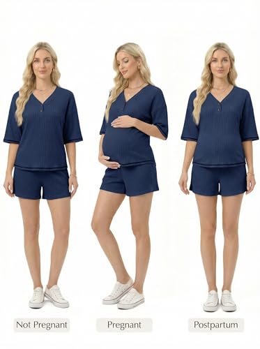 BLENCOT Maternity Pajamas Nursing Set Shorts Pregnancy Pj Sets - color: Navy Blue, size: X-Large